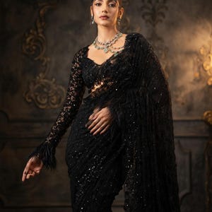 Black Sequins Saree, faux georgette designer saree, Bollywood style party wear