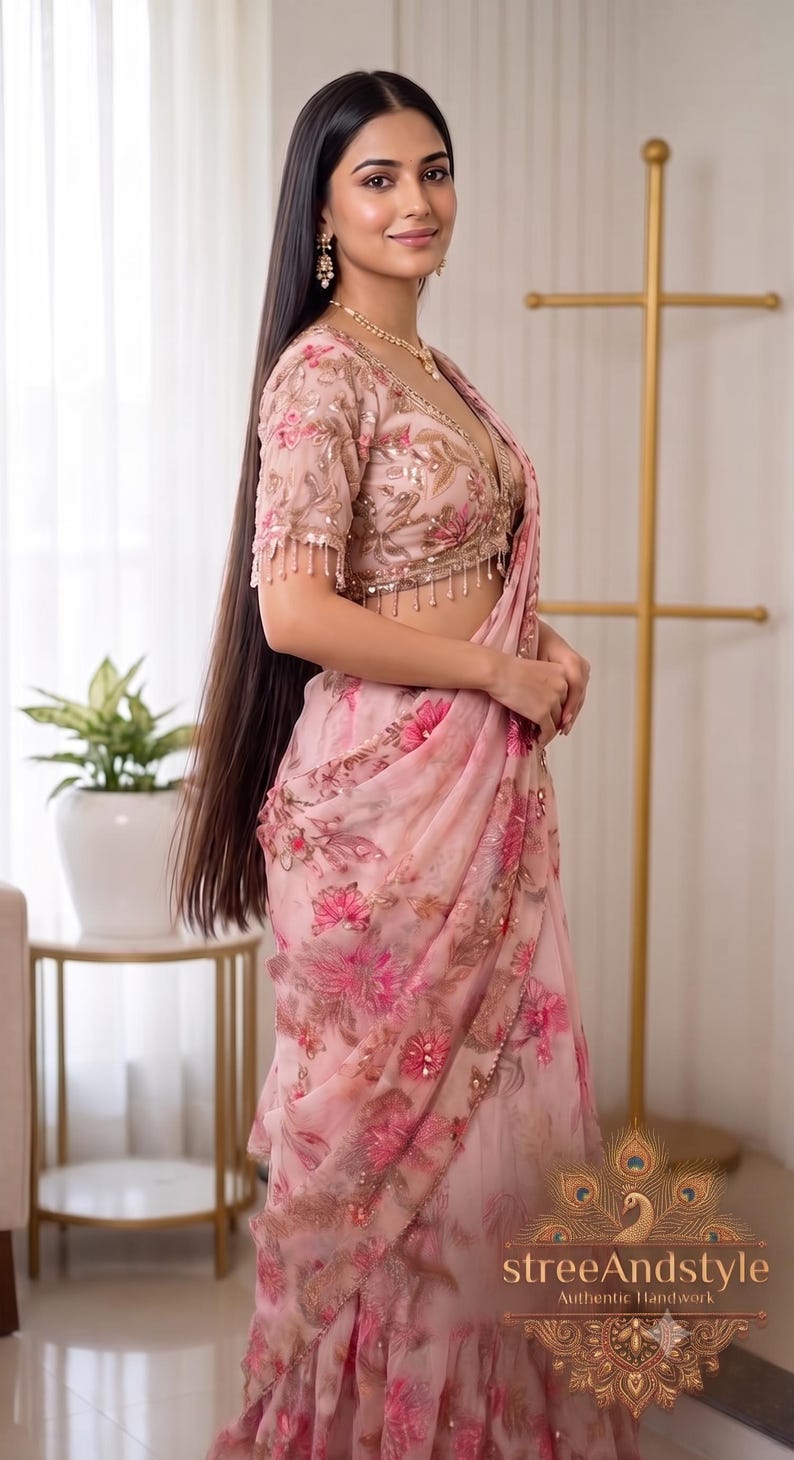 May include: A light pink saree featuring intricate floral embroidery in shades of dark pink and gold, paired with a matching short-sleeved blouse with beaded fringe trim. The fabric is sheer and lightweight, adorned with subtle sequins and metallic thread.