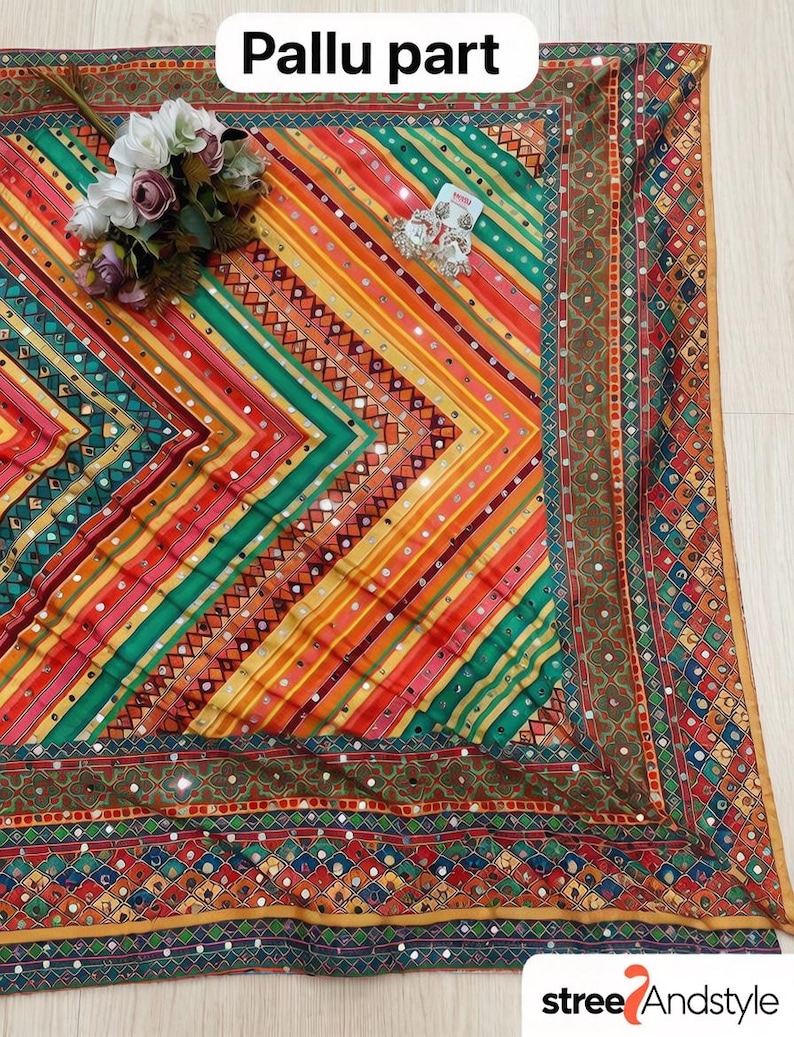 Crepe Silk Digital Print Saree, Real Mirror Work, Latkan Pallu, Party Wedding Ethnic Wear image 5
