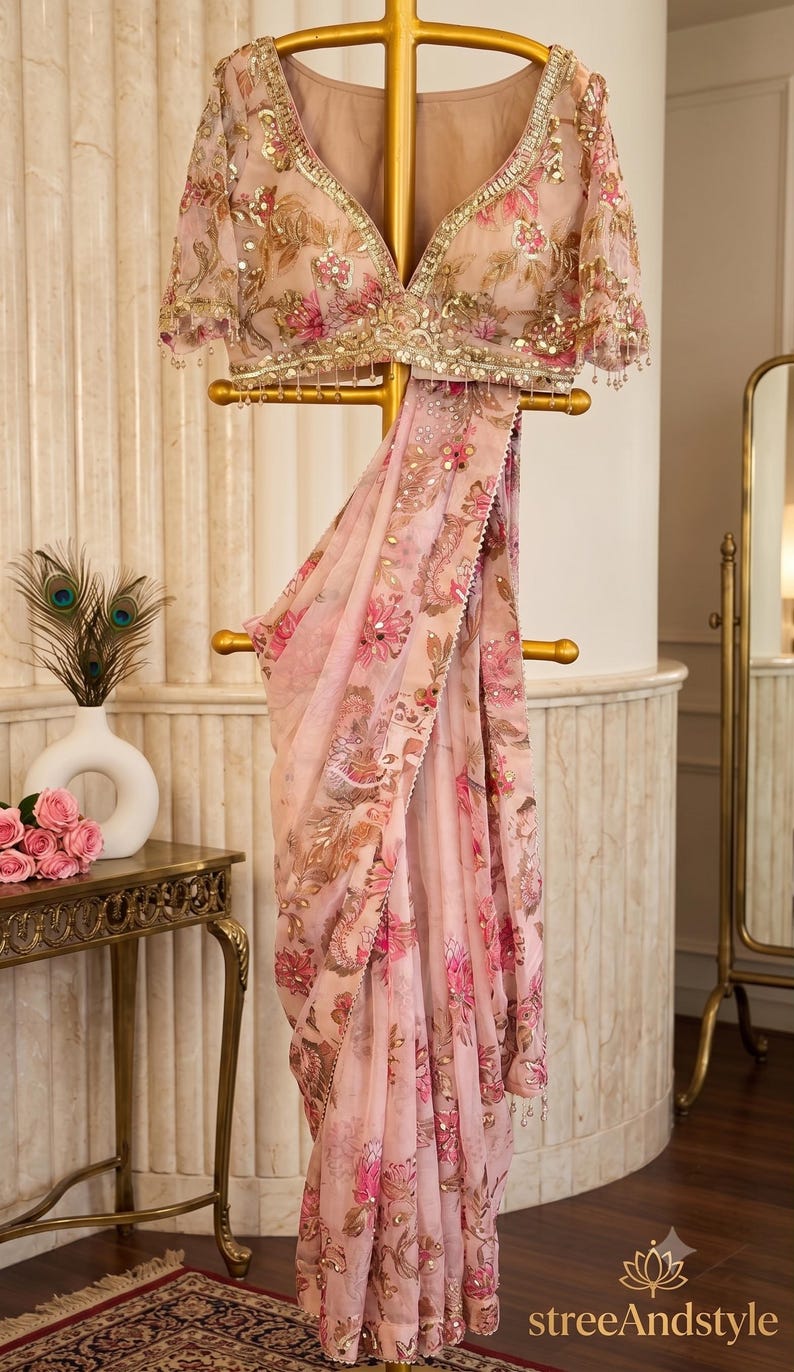 May include: A light pink saree featuring a floral pattern in shades of pink, brown, and gold, with intricate embroidery, sequins, and mirror work. The matching blouse has short sleeves, a V-neckline, and decorative beaded trim along the hem.