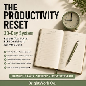 Può includere: Un taccuino aperto con una penna, un orologio verde e il testo "THE PRODUCTIVITY RESET 30-Day System". Il taccuino ha un layout di pianificatore giornaliero. L'orologio segna le 10:09. L'immagine promuove la produttività e la gestione del tempo.
