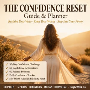 Op de afbeelding: Een zelfhulp gids en planner getiteld "The Confidence Reset". De omslag toont een vrouw in een witte jurk met uitgestrekte armen, tegen een warme zonsondergang. De gids bevat een 30-daagse zelfvertrouwen challenge, affirmaties, journaal prompts en een dagelijkse tracker.
