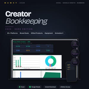 May include: A dark-themed digital product advertisement for Creator Bookkeeping. The image shows a laptop displaying financial data, a smartphone, and icons for Excel, Google Sheets, and lifetime access. The product is for 20+ platforms and brand deals.