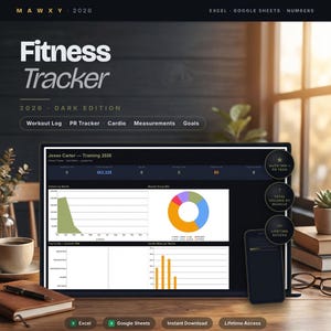 Fitness Tracker Spreadsheet 2026 | Dark Mode Workout Log PR Tracker Excel Google Sheets