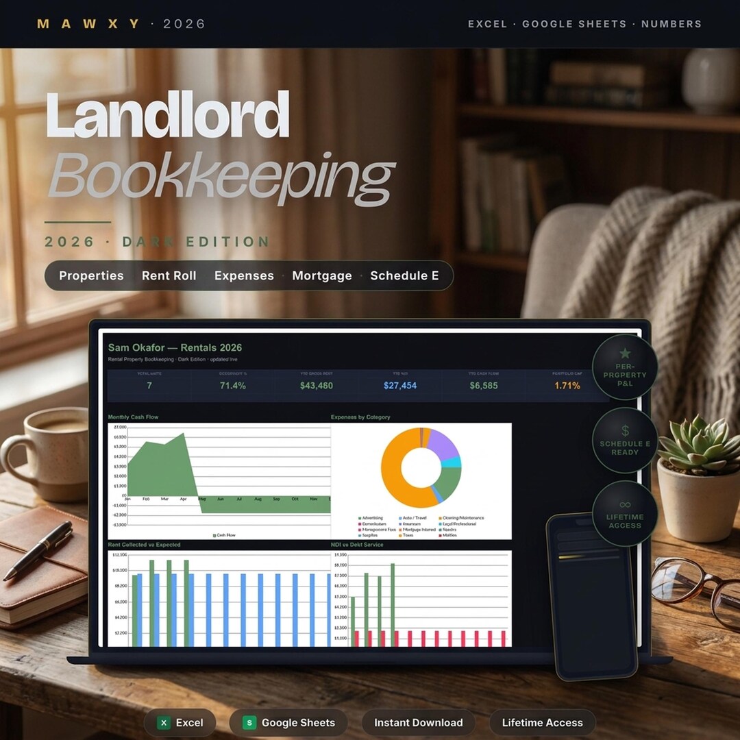 Landlord Bookkeeping Spreadsheet 2026 | Dark Rental Property Schedule E ...