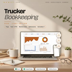 May include: A laptop displays financial charts and graphs, with the title "Trucker Bookkeeping" and the year "2026." The image includes a coffee mug, a notebook, a smartphone, and eyeglasses. The text includes "Excel," "Google Sheets," and "Lifetime Access."