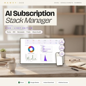 May include: A laptop displaying data visualizations, with the text "AI Subscription Stack Manager." The image includes a smartphone, a coffee cup, a small plant, and office supplies. The text "2026 - LIGHT EDITION" is also visible.
