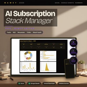 May include: A laptop displays a data analytics dashboard titled "AI Subscription Stack Manager." The screen shows charts and data visualizations. Additional elements include a smartphone, a coffee cup, and text indicating Excel and Google Sheets compatibility.