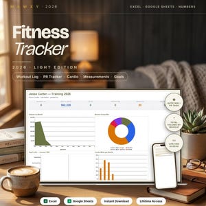 Fitness Tracker Spreadsheet 2026 | Light Workout Log PR Tracker Lifting Cardio Planner