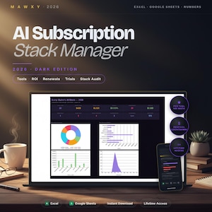 Peut inclure: Un ordinateur portable affiche un tableau de bord de visualisation de données intitulé "AI Subscription Stack Manager". L'écran montre des graphiques et des diagrammes avec le texte "2026 Dark Edition". Un smartphone et une tasse de café sont également visibles. Le texte "Excel", "Google Sheets" et "Lifetime Access" est inclus.