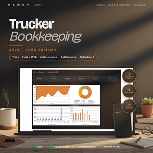 May include: A laptop displays a "Trucker Bookkeeping" dashboard with charts and data. The screen shows financial information, including "Trips," "Fuel + IFTA," and "Schedule C." The image includes a coffee cup, a smartphone, and the text "Lifetime Access."