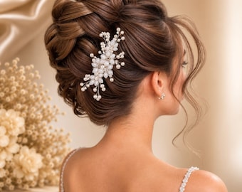 Bridal Hair Comb, Silver Pearl Wedding Hair Accessory, Handmade Crystal Floral Headpiece, Bridal Shower Gift For Bride, Bridesmaid Proposal