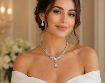 Precioso conjunto de joyas de boda, collar y pendientes florales de plata, collar nupcial para la novia, joyas para damas de honor, regalo de aniversario para ella.