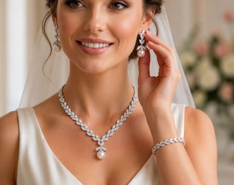 Pearl Drop bruidssieraden set, zilveren CZ sierlijke ketting oorbellen armband, bruiloft accessoires, verlovingscadeau voor bruid, bruidsmeisje geschenken