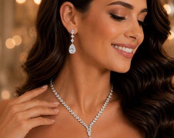 Collar y pendientes de lujo para novias, conjunto de joyas nupciales, joyas con circonitas en forma de lágrima, accesorios de boda, joyas para graduación, regalo para ella.