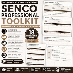 May include: A SENCO Professional Toolkit with 18 professional pages, ready to print and go. The toolkit includes EHCP reviews, provision mapping, intervention tracking, and OFSTED evidence documentation. It also includes a SEND student profile and provision map.