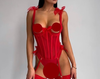 Rode doorschijnende korset lingerie set met kousen Bruidslingerie huwelijksreis mesh bodysuit huwelijksnacht outfit luxe strik set elegant romantisch