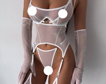 Witte mesh-lingerieset met handschoenen en kousen, bruidslingerie, luxe dameslingerie, cadeau voor haar, zelfliefdeset