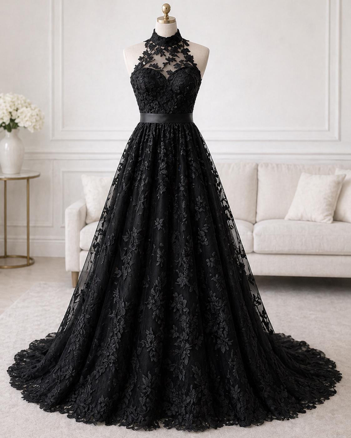 green emerald velvet dress Black Gothic elegant 3D floral beaded wedding dress, open back train t –  DSProm main image 0