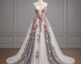 Floral Corset Wedding Dress, Blush Rose Bridal Gown, Romantic Tulle Ballgown, Garden Princess Plus Size Couture