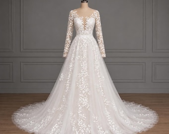 Abito da sposa da fata botanica, abito da sposa etereo in tulle, abito da principessa in pizzo floreale, abito da sposa con maniche illusione