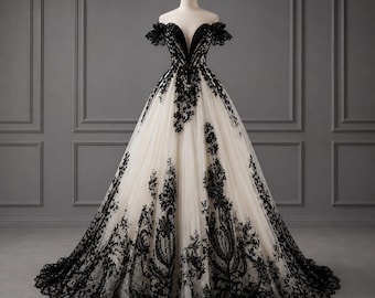 Robe de mariée gothique en dentelle noire en tulle, robe de bal de mariée corset à épaules dénudées, robe de mariée ivoire alternative pour Halloween