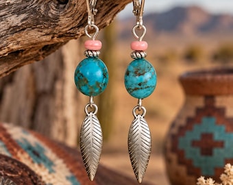 Kingman Turquoise Earrings with Pink Conch, Western Cowgirl Earrings, Silver Feather Dangles, Southwestern Jewelry