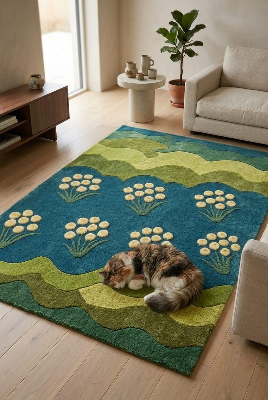 Handmade Tufted Floral Abstract Area Rug Green Blue Modern Living Room ...