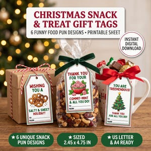 May include: A set of Christmas snack and treat gift tags featuring six food pun designs. The tags include text such as WISHING YOU A SALTY & SWEET HOLIDAY, THANK YOU FOR YOUR COMMIT-MINT & ALL YOU DO, and YOU ARE TREEMENDOUS, with spaces for to and from.
