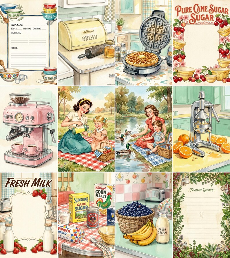 Retro Kitchen Junk Journal Pages, Vintage Recipe Book Printable Paper ...