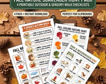 May include: A fall nature scavenger hunt pack featuring four printable checklists with text including Fall Nature Scavenger Hunt Pack, 5 Senses Autumn Walk, Fall Colors Nature Hunt, and Park & Neighborhood Hunt, displayed on a wooden surface.