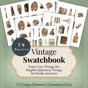 Pode incluir: Uma coleção de 74 adesivos recortados com materiais de arte vintage, incluindo paletas de pintura, pincéis, tinteiros, tesouras e cadernos. O texto diz 74 OBJECTS Vintage Swatchbook Fussy Cuts, Vintage Art Supplies Ephemera, Vintage Art Studio and more, 74 Unique Elements | Commercial Use.