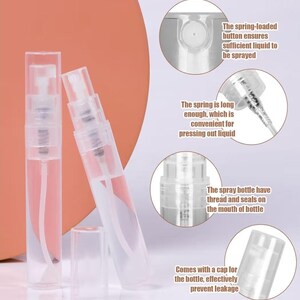 May include: Clear, small spray bottles with transparent caps. The bottles have a spring-loaded button for spraying and a long spring for easy liquid dispensing. The bottles have threads and seals on the mouth and come with caps to prevent leakage.