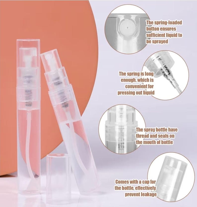 May include: Clear, small spray bottles with transparent caps. The bottles have a spring-loaded button for spraying and a long spring for easy liquid dispensing. The bottles have threads and seals on the mouth and come with caps to prevent leakage.