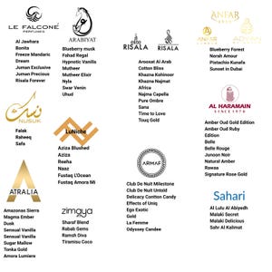 May include: A selection of perfume brands and their product names are presented against a white backdrop. Logos and text are organised in a grid, displaying diverse fragrances, such as "Blueberry Musk," "Amber Oud," and "Sensual Vanilla."