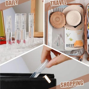 May include: Clear, refillable perfume atomizers are shown in multiple settings: on a white surface, in a suitcase with a hat and bag, and being placed in a black bag. The image includes the words "DAILY", "TRAVEL", and "SHOPPING".