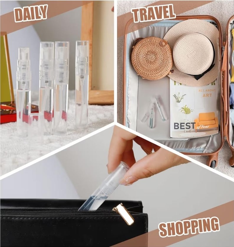 May include: Clear, refillable perfume atomizers are shown in multiple settings: on a white surface, in a suitcase with a hat and bag, and being placed in a black bag. The image includes the words "DAILY", "TRAVEL", and "SHOPPING".