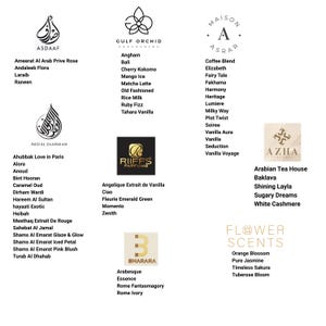 May include: A selection of perfume and fragrance brands, each with a distinct logo and a list of scents. Brands include ASDAAF, GULF ORCHID, MAISON ASRAR, RIIFFS PARFUMS, AZHA, BHARARA, and FLOWER SCENTS. The image is a product catalogue.