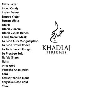 May include: A list of perfume names, including "Caffe Latte," "Cloud Candy," and "Cream Velvet," is displayed next to the "KHADLAJ PERFUMES" logo. The logo features Arabic script above the brand name.