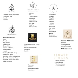 May include: A collection of perfume and fragrance brands, each with a unique logo and a list of scents. Brands include ASDAAF, GULF ORCHID, MAISON ASRAR, RIIFFS PARFUMS, AZHA, BHARARA, and FLOWER SCENTS. The image is a product catalog.