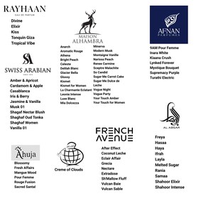 May include: Image featuring various perfume brands and their fragrance names. Brands include Rayhaan, Swiss Arabian, Maison Alhambra, Afnan Perfumes, Ahuja, French Avenue, and Al Absar. The image is a product listing for perfumes.