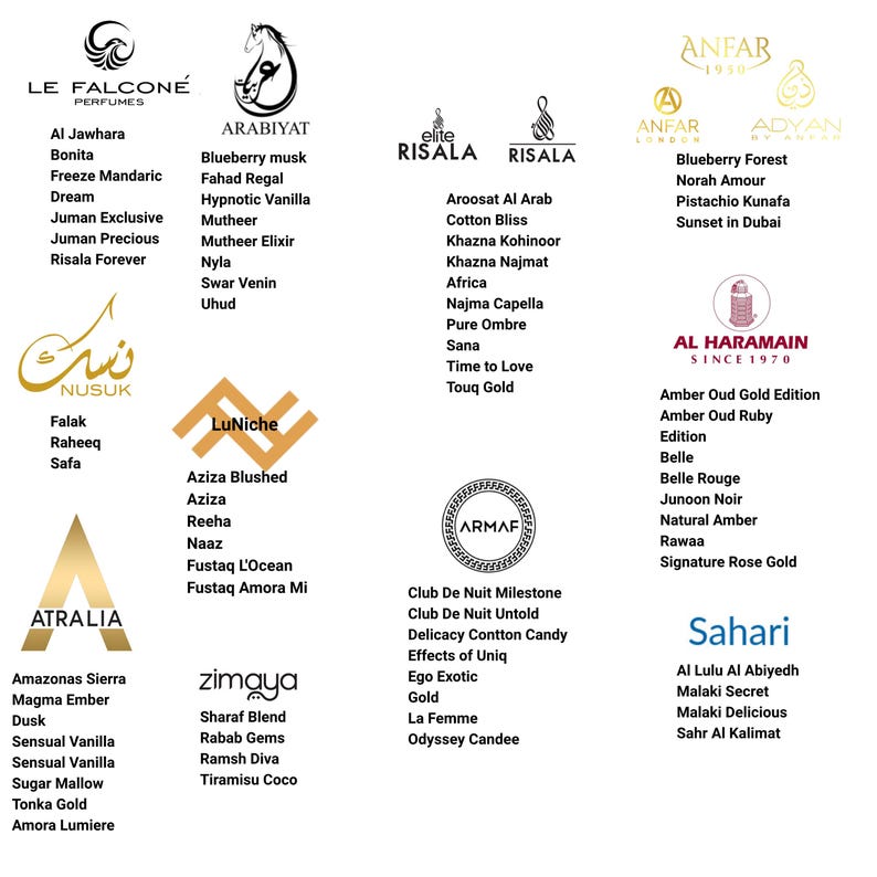 May include: A collection of perfume brands and their product names are displayed on a white background. The logos and names are arranged in a grid, showcasing various fragrances with diverse names and branding.