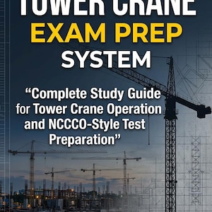 Puede incluir: Portada de libro con el título "TOWER CRANE EXAM PREP SYSTEM" en texto blanco y amarillo. La portada incluye una silueta de una grúa torre y un sitio de construcción. El texto dice "Complete Study Guide for Tower Crane Operation and NCCCO-Style Test Preparation."