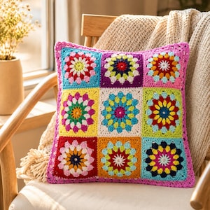 Pode incluir: Uma almofada quadrada de crochê com um design de patchwork vibrante. A almofada apresenta nove quadrados coloridos, cada um com um motivo floral em tons de vermelho, amarelo, azul, verde e roxo. A borda é rosa sólido, criando um toque aconchegante e decorativo.