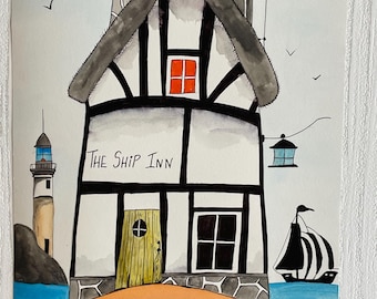 Pintura en acuarela: La cabaña del Ship Inn, el faro, el velero – Arte costero