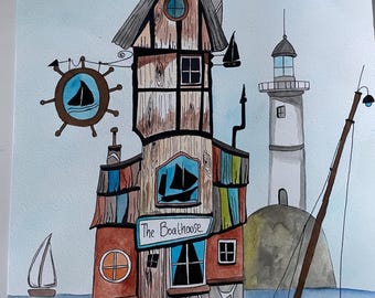 Lámina de acuarela tamaño A4: El cobertizo para botes y la cabaña del pulpo (arte costero)