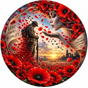 May include: A circular wall art piece featuring a soldier in uniform standing in a field of red poppies at sunset. A woman's face is visible above, blowing petals. Text reads LEST WE FORGET on the left and TODAY TOMORROW ALWAYS with a heart on the right.
