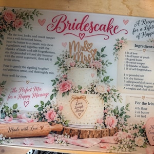 May include: A rectangular glass cutting board featuring a two-tier wedding cake illustration, pink roses, and text titled Bridescake. It includes a recipe for a happy marriage, an ingredients list, and a wooden rolling pin graphic labeled Made with Love.