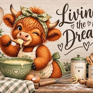 May include: A fluffy orange Highland cow wearing a floral headband and apron, winking while eating from a green bowl. The text reads Living the Dream, Good Food Happy People, Flour, and Happiness is Homemade. Includes a whisk, eggs, and rolling pin.
