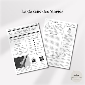 Gazette des mariés personnalisable | Canva mariage journal programme journée quiz mots croisés QR code 6 pages